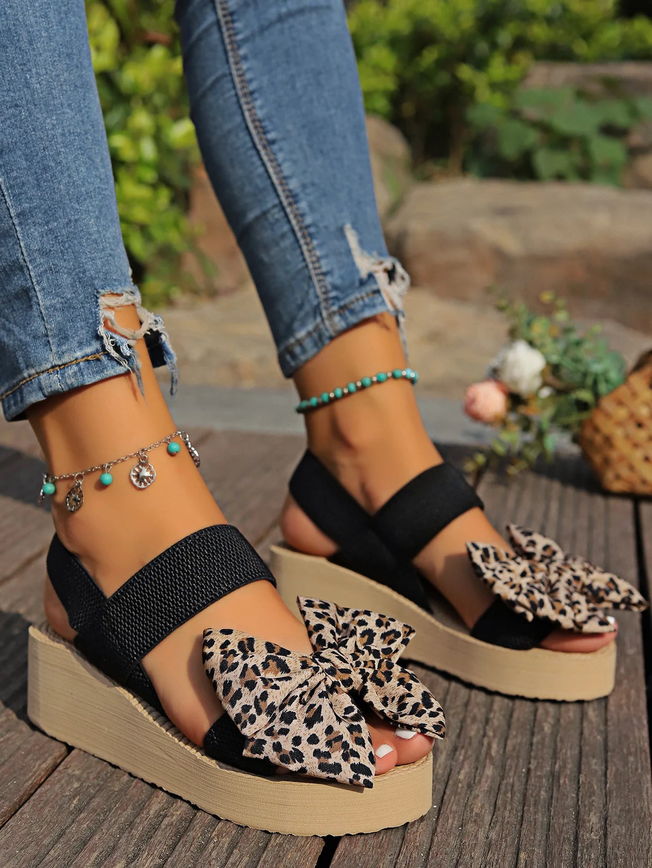 Women's Wedge Thick Sole Sandals Sexy Leopard Print Bow Daily Commuting Beach Party Leisure Fashion Versatile Sandals