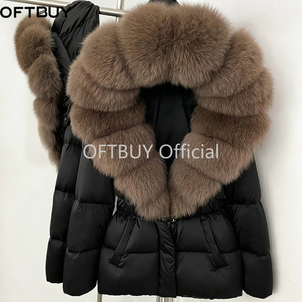 OFTBUY New Fashion Winter Clothes Women Duck Down Coat with Big Natural Fur Collar Belt Hooded Real Fox Fur Puffer Jacket Female