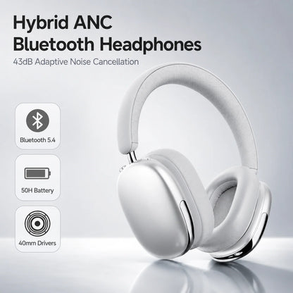 Hybrid ANC Headphones Bluetooth 5.4 Wireless Earphones Over Ear Noise Cancelling Headset 40mm Driver HiFi Stereo 50H Playtime
