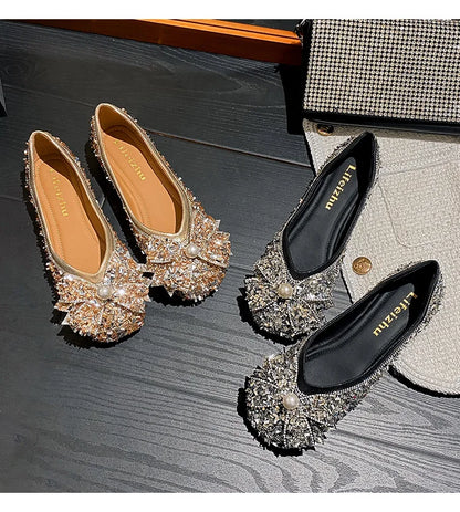 Plus Size 35-43 Women Shoes Flat Heel Wedding Party Shoes Square Toe Office Lady Shoes Pearls Crystal Diamonds Decoration