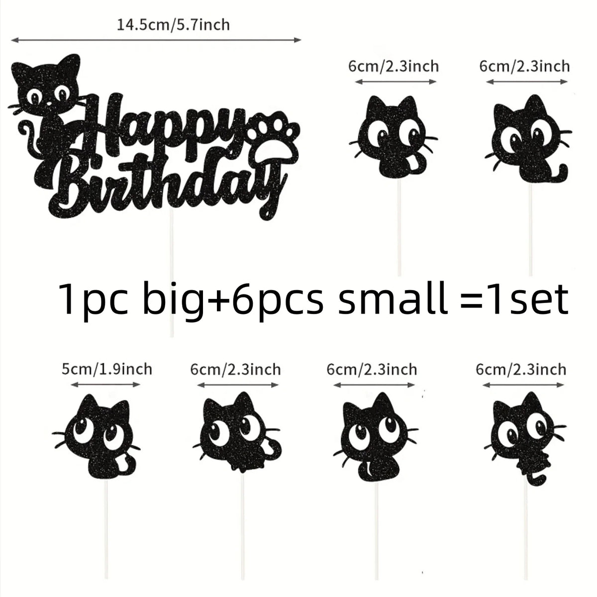 Black Cat Cake Topper Happy Birthday Kids Party Oh Baby Shower Animal Them Cupcake Topper Flags Decoration Baking Supplies DIY