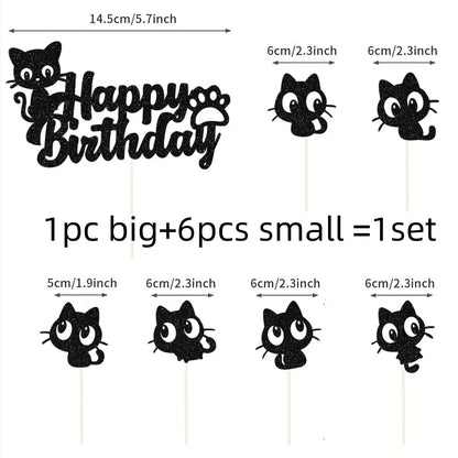 Black Cat Cake Topper Happy Birthday Kids Party Oh Baby Shower Animal Them Cupcake Topper Flags Decoration Baking Supplies DIY