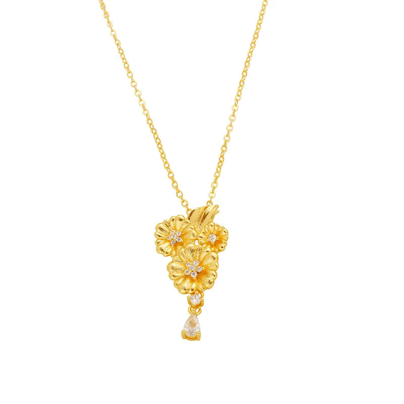 Low Key Luxury Jewelry Set For Women 24K Gold AU999 Matte soft luster highlights layered embossed diamond blooming flower