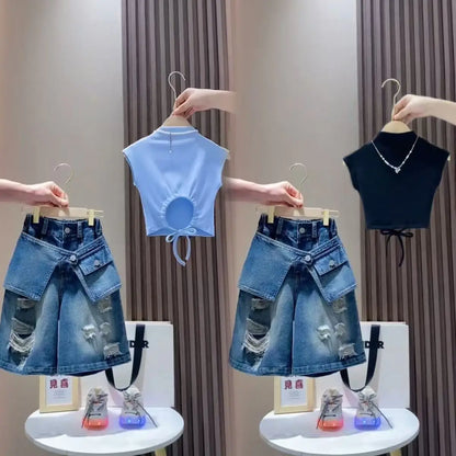 Girls' Set 2026New Mid sized Children's Short sleeved T-shirt Children's Fashionable Girls' Cowboy Five point Shorts 2 piece Set