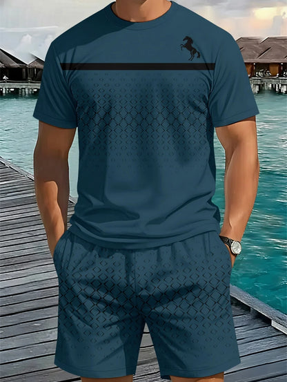 Men's Classic Stripe Printed T-Shirt Shorts Set Plus Size Short Sleeve T-Shirt and Drawstring Shorts Summer Casual Two Piece Set