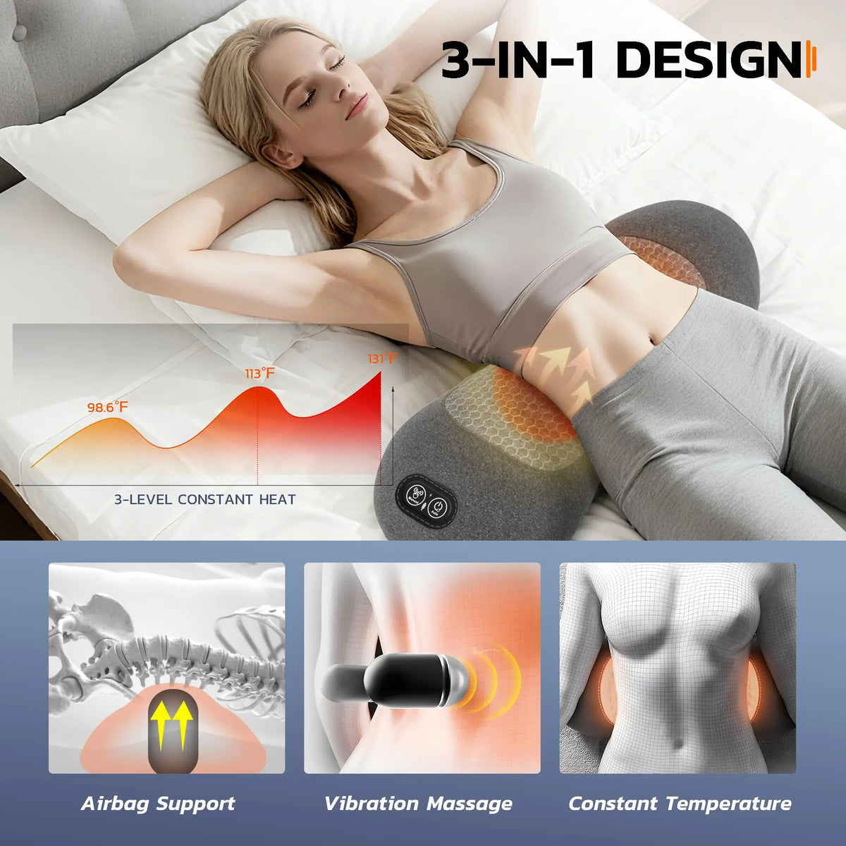 3 in 1 Back Massager - Electric Lumbar with Heat, Vibration, Traction,Lumbar Support Pillow for Back Deep Tissue Relaxation