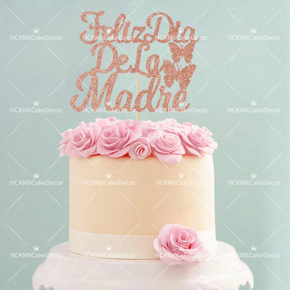 3pcs Feliz Cumpleanos Mama Cake Topper Pink Glitter Spanish Birthday Cake Decoration with Butterflies