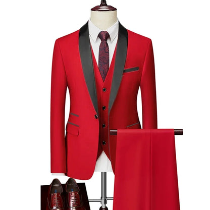 US Size Men Lapel Black Collar 3 Pcs Suit Set Coat Vest Trousers / Business Groom Wedding Dress Fprmal Blazer Pants Waistcoat
