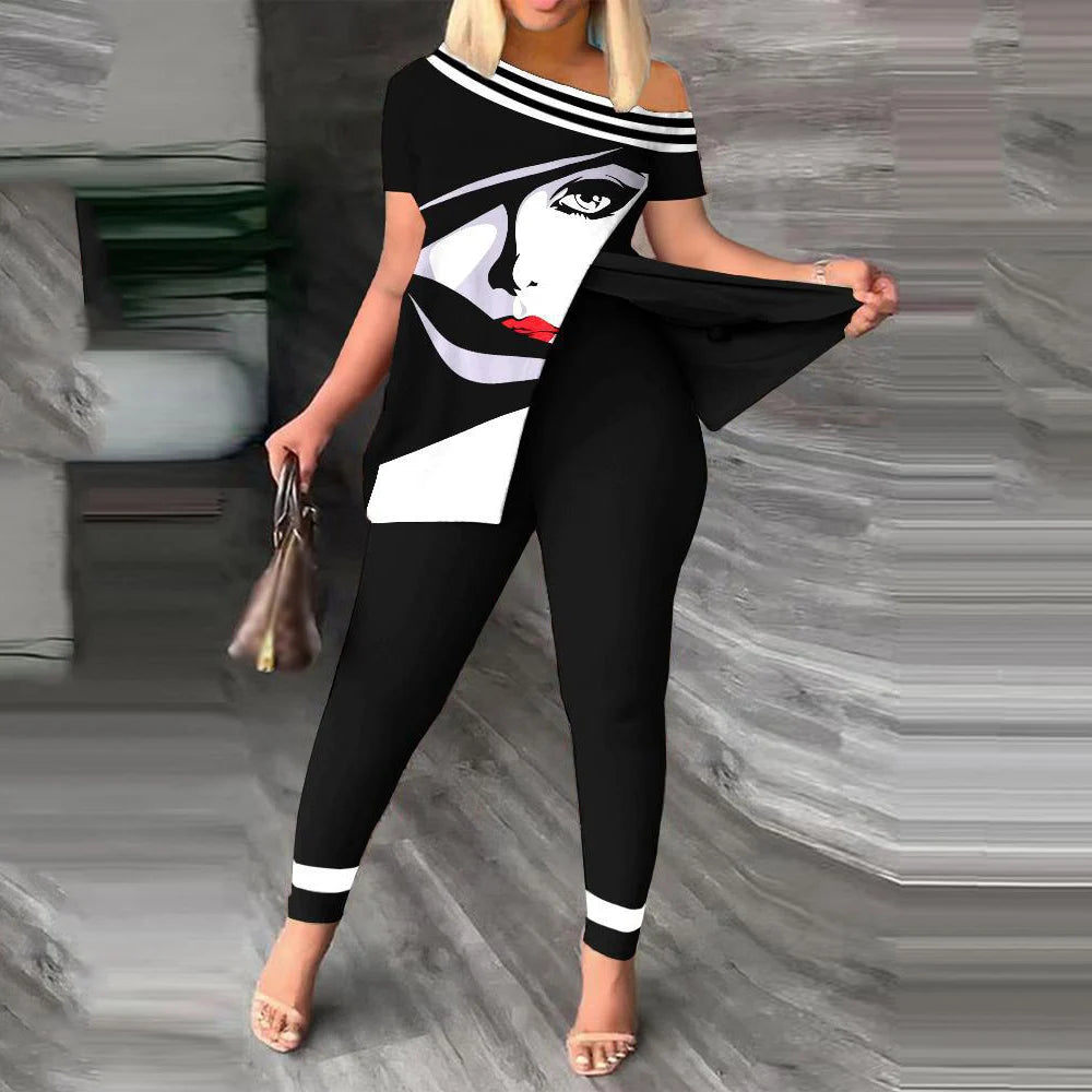 Womens Two Peice Sets Summer Fashion Print Short Sleeve Suit Set Femme Casual Sporty 2Pce One-Shoulder Split Hem Tops &Pants Set
