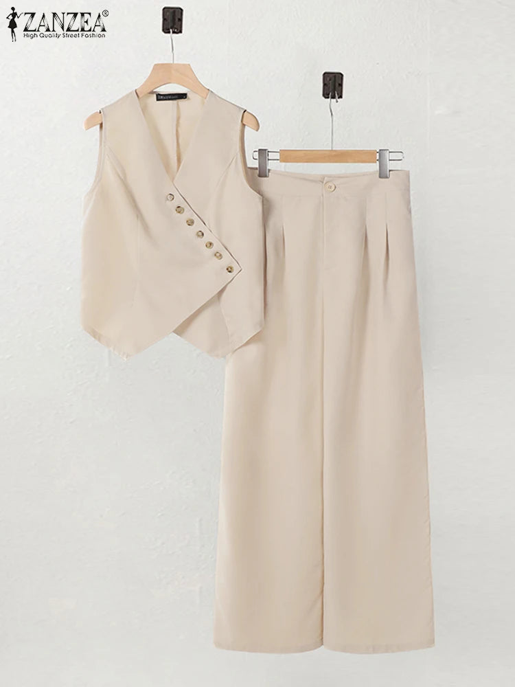 ZANZEA Women Trendy Pant Sets Irregular Buttons Vests and Wide Leg Pant 2-Pieces Suits 2025 Spring Summer Streetwear 2pcs Outfit