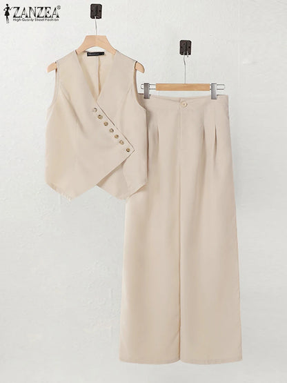 ZANZEA Women Trendy Pant Sets Irregular Buttons Vests and Wide Leg Pant 2-Pieces Suits 2025 Spring Summer Streetwear 2pcs Outfit
