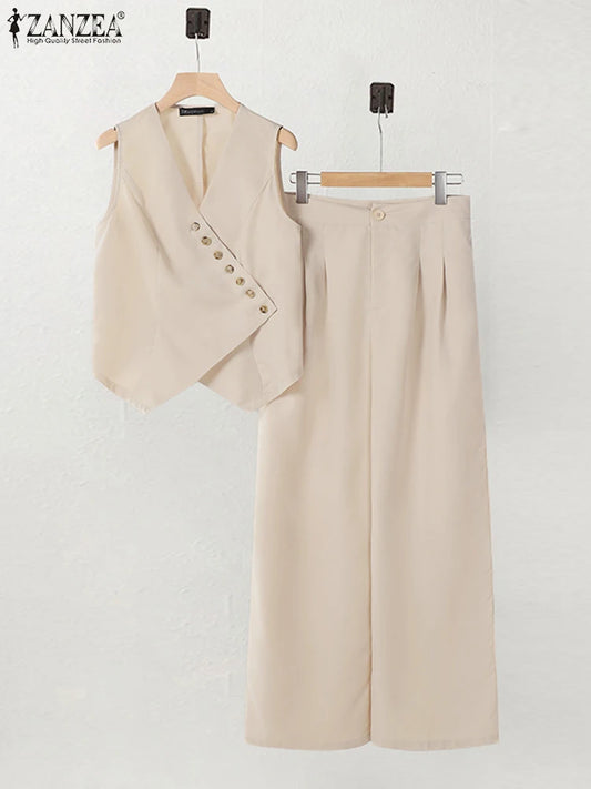 ZANZEA Women Trendy Pant Sets Irregular Buttons Vests and Wide Leg Pant 2-Pieces Suits 2025 Spring Summer Streetwear 2pcs Outfit