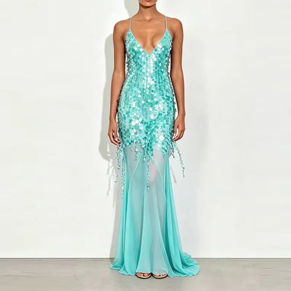 Sexy Hollow Sleeveless High Waist Evening Dress 2025 Casual Off Shoulder Suspender Dresses Lady Deep V Sequin Slim Mermaid Dress