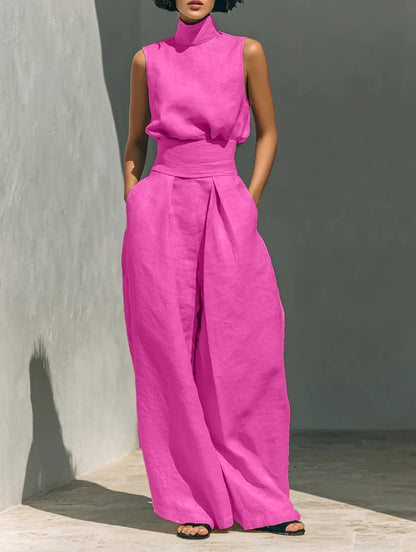 casual Solid Cotton Linen two-piece set for Women Sleeveless Turtleneck Top +High Waist Pants Set New Summer Button Loose Outfit