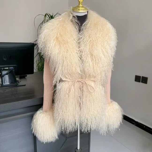Women's Real Fox Fur Cardigan Jacket Spring and Autumn with Knitted Sweaters and Real Fox Fur Collar Women Raccoon Fur Cardigan