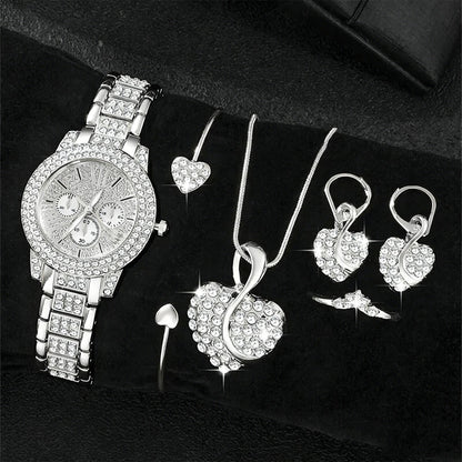 6PCS Luxury Rhinestone Women Watches Jewelry Set Fashion Roma Dial Quartz Wristwatch Accessories Relogio Feminino Clock Gift