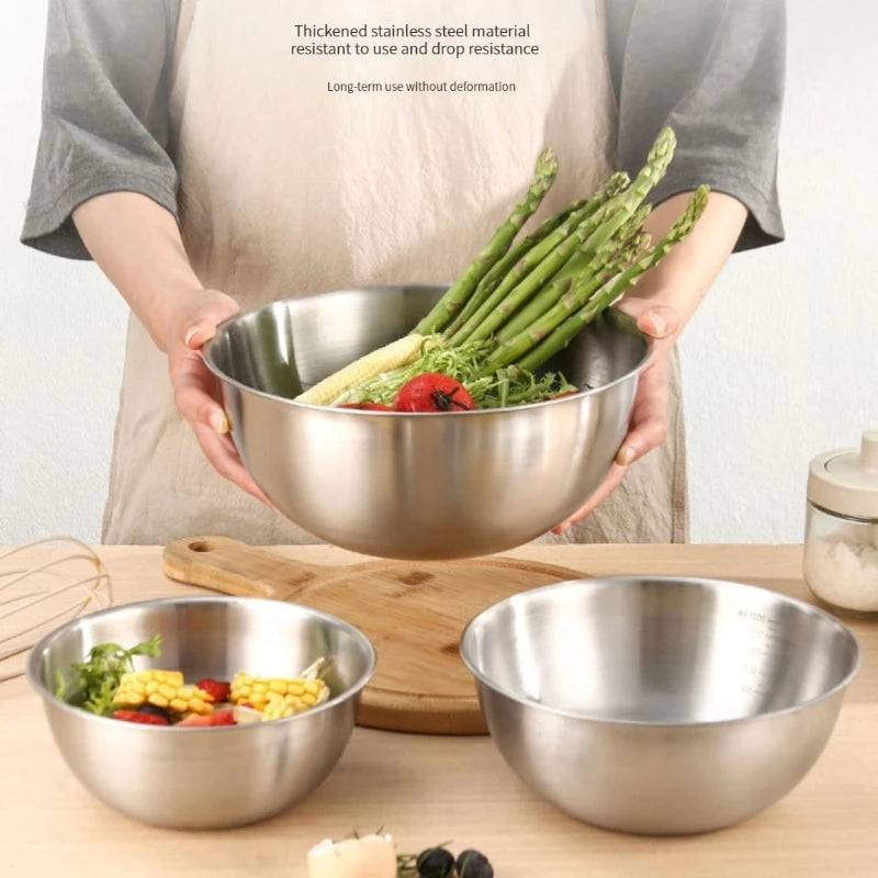 3Pcs Stainless Steel Mixing Bowl Baking Egg Beating Basin Fruit Vegetable Washing Bowl Salad Food Stirring Cooking Container