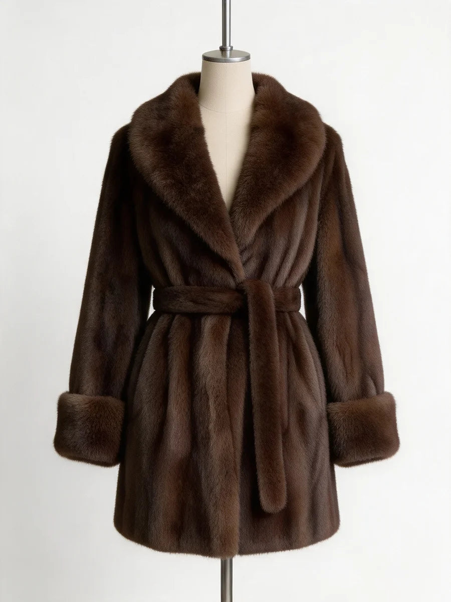2026 Autumn Winter Women Faux Mink Fur Coat Wrap Lapel Collar Belted Mid Length Jacket Brown