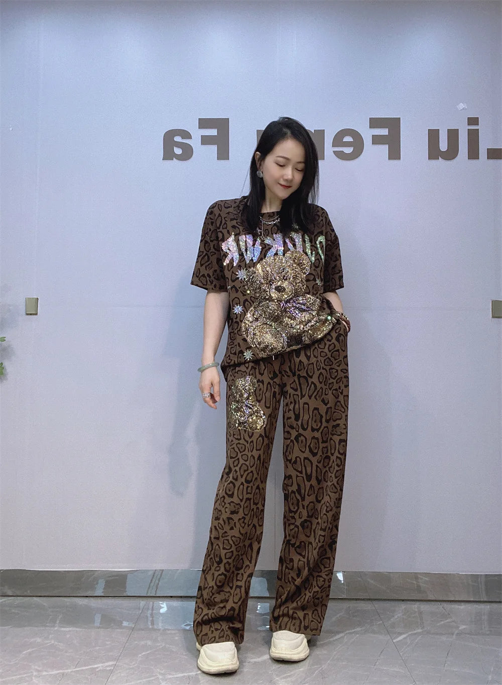 Cartoon Bear Leopard Print Wide Leg Pant 2 Pieces Sets Woman Outfits 2025 Summer Casual Short Sleeve T Shirt Matching Sets Stree