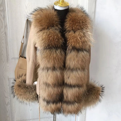 Women's Real Fox Fur Cardigan Jacket Spring and Autumn with Knitted Sweaters and Real Fox Fur Collar Women Raccoon Fur Cardigan