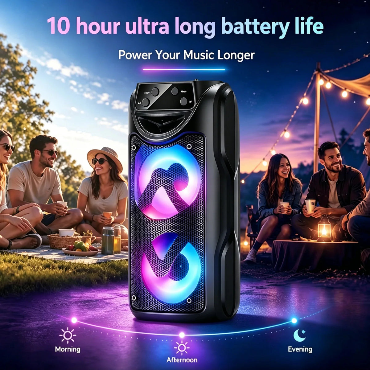 Portable Bluetooth Wireless Speaker, Dual Subwoofers for Powerful Deep Bass, TWS Stereo, Support BT/FM/USB/AUX/TF Card & Mic Input, Loud Volume Speaker for Home Party, Holiday Gathering, Ideal Christmas Gift