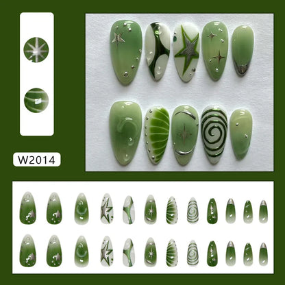 24pcs Red Star Print Fake Nails Sweet Cool Short Almond Press on Nail for Women Wearable Detachable Ins Spice Girl False Nails