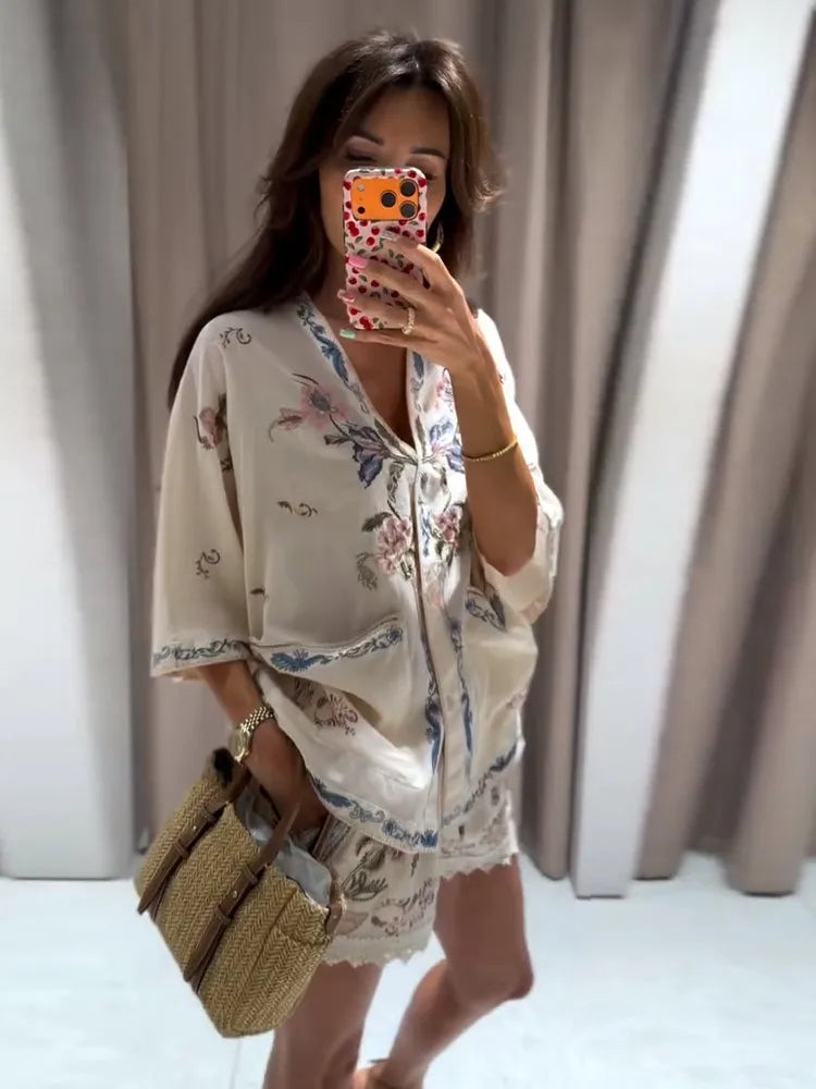 Floral Embroidered Linen-Blend Kimono Half-Sleeve Shirt & Lace Trim Shorts 2-Piece Set 2026 Summer Casual Women Office Outfit