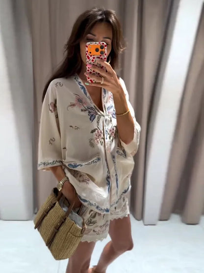 Floral Embroidered Linen-Blend Kimono Half-Sleeve Shirt & Lace Trim Shorts 2-Piece Set 2026 Summer Casual Women Office Outfit