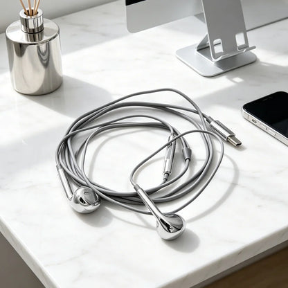 Fashion Silver Wired Type-C or Lightning In-Ear Earphones Compatible with Tablets Laptops - Headphones for General Use