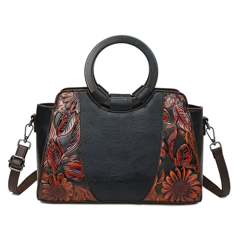 2026 New Vintage Chinese Leather Carved Leather Handbag Women Embossed Versatile Cheongsam One-shoulder Crossbody Mother Bag