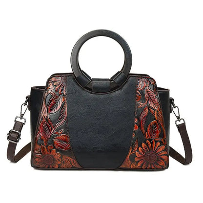 2026 New Vintage Chinese Leather Carved Leather Handbag Women Embossed Versatile Cheongsam One-shoulder Crossbody Mother Bag
