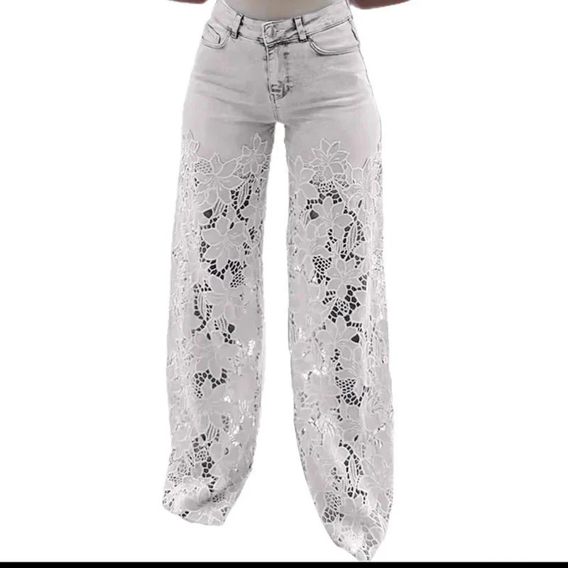 High Waist Wide Leg Jeans Pants Summer Fashionable Lace Splicing Hollow Out Denim Draping Jeans Ladies Cotton Zipper Spring