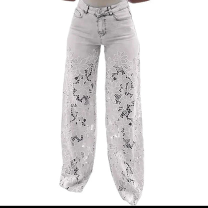 High Waist Wide Leg Jeans Pants Summer Fashionable Lace Splicing Hollow Out Denim Draping Jeans Ladies Cotton Zipper Spring