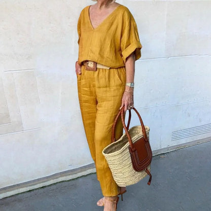 2 Piece Sets Women Outfit Women Suits Gray V-Neck Short Sleeve Tops