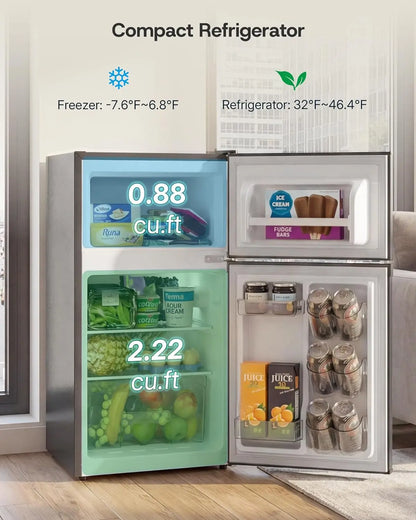 3.1 Cu.Ft Mini Fridge with Freezer, Double Door Small Refrigerator, Adjustable Thermostat, Energy Star Certified Low, Custom