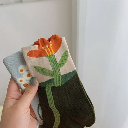 New Style Crew Socks for Women Spring Fashion Cute Flower Long Cotton Socks Japanese Style Breathable Casual Trendy Absorb Sweat