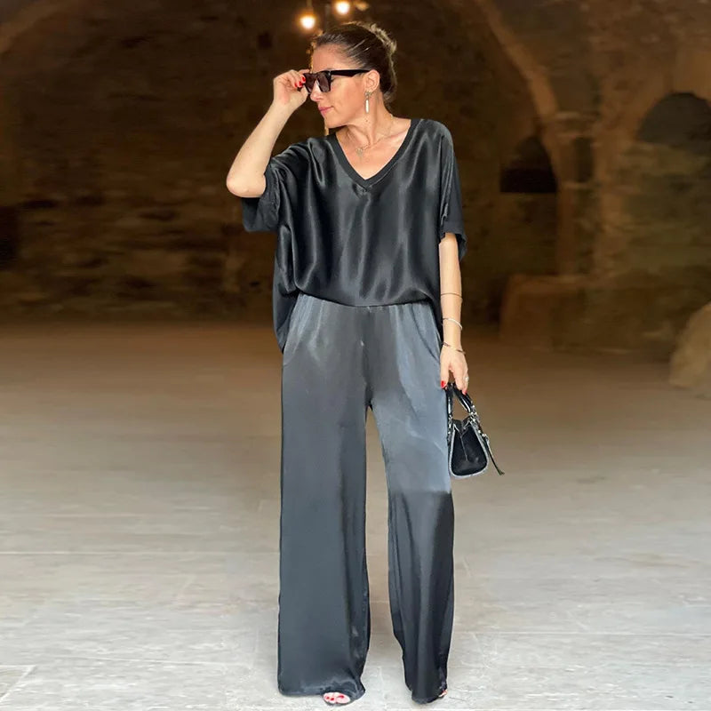 Women 2-piece Set, Satin Loose Fitting Suit, Short Sleeved T-shirt, 2 Pairs Of Pants, Summer Conjuntos Para Mujeres 2 Piezas