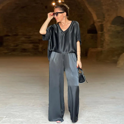 Women 2-piece Set, Satin Loose Fitting Suit, Short Sleeved T-shirt, 2 Pairs Of Pants, Summer Conjuntos Para Mujeres 2 Piezas