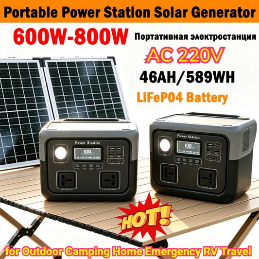 800W 46Ah Portable Power Station 600W/800W 589WH Solar Generator Backup PowerBank for Outdoor Camping, Home Emergency, RV Travel