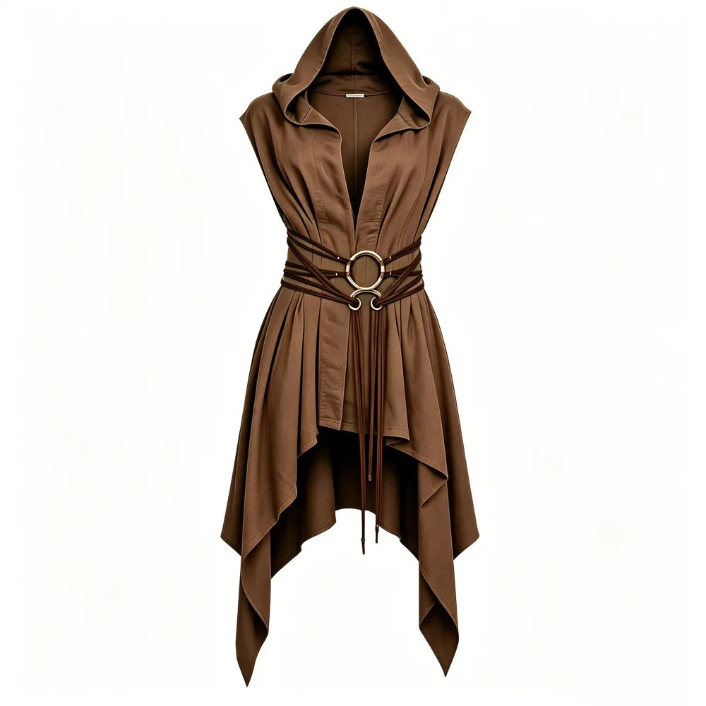 Women Irregular Hem Renaissance Elf Tunic Robe Medieval Ranger Hooded Sleeveless Cloak Belt for LARP Halloween Witch Hunter