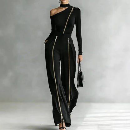 Women's Two-piece Slim-fit Long-sleeved Double-zipper Wide-leg Pant 2026 Spring Elegant Fashion Stand-up Collar Solid Color Suit