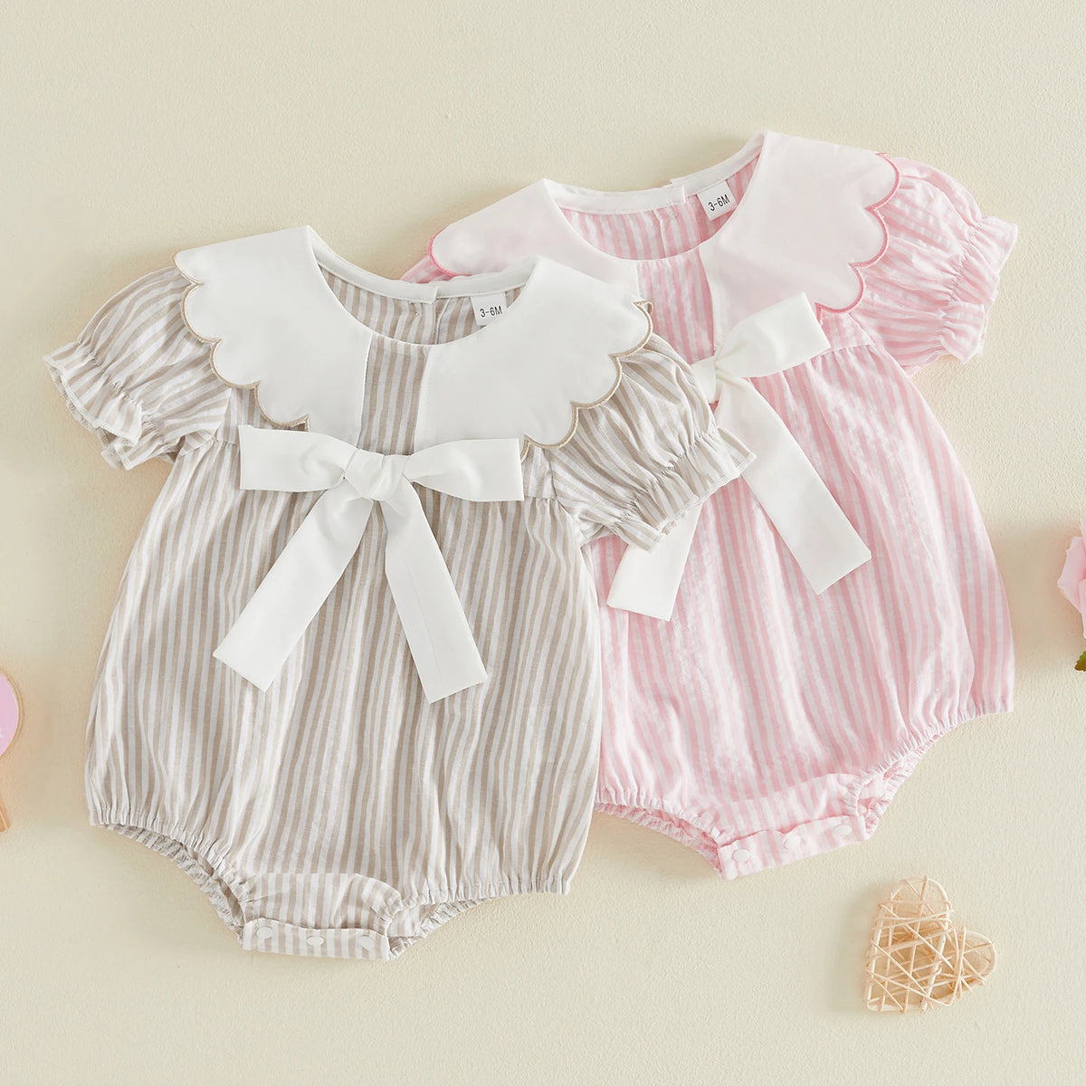 0-18M Newborn Baby Girl Summer Striped Romper Contrast Scalloped Edge Doll Collar Short Sleeve Bodysuit with Front Bow