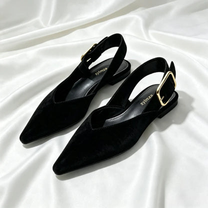 Fashion Back Strap Metal Buckle Flat Pumps Women Retro Brown Faux Suede Pointed Toe Slingback Loafers Comfortable Women Shoes