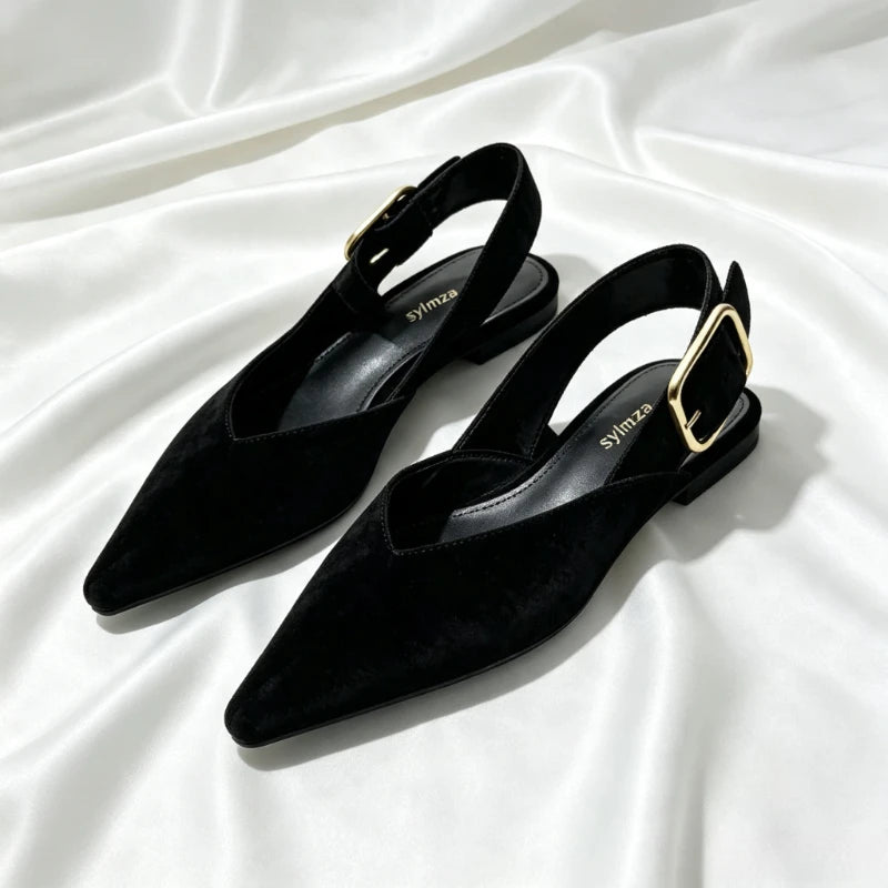 Fashion Back Strap Metal Buckle Flat Pumps Women Retro Brown Faux Suede Pointed Toe Slingback Loafers Comfortable Women Shoes