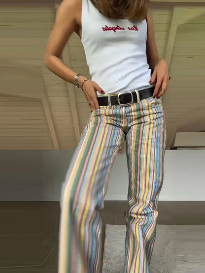 Rainbow Colorful Striped Pants Low-rise Braided Twist Denim Straight Lady Wide Leg Trousers 2026 Spring Summer Chic Casual Jeans