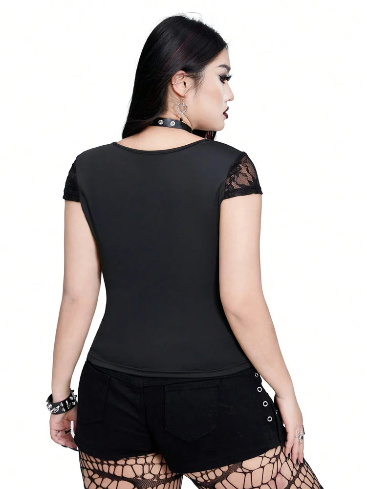 Plus Size  Sexy V-neck Bow Lace Sheer Blouse  Slim-fit Top    Y2K Style  Halloween Collection Black Cat T-shirt