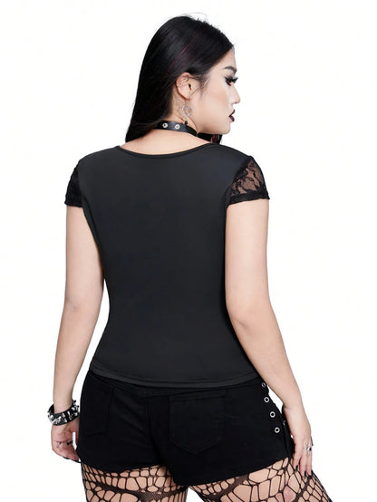 Plus Size  Sexy V-neck Bow Lace Sheer Blouse  Slim-fit Top    Y2K Style  Halloween Collection Black Cat T-shirt