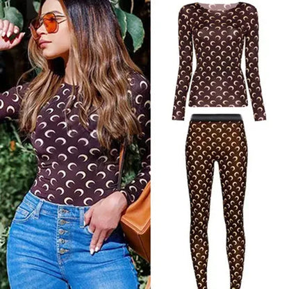 Sweet Two Piece Set Women American Retro Layered Outfit Long Sleeve Moon Print Top Ice Silk Pants Sexy Casual Autumn Fashion