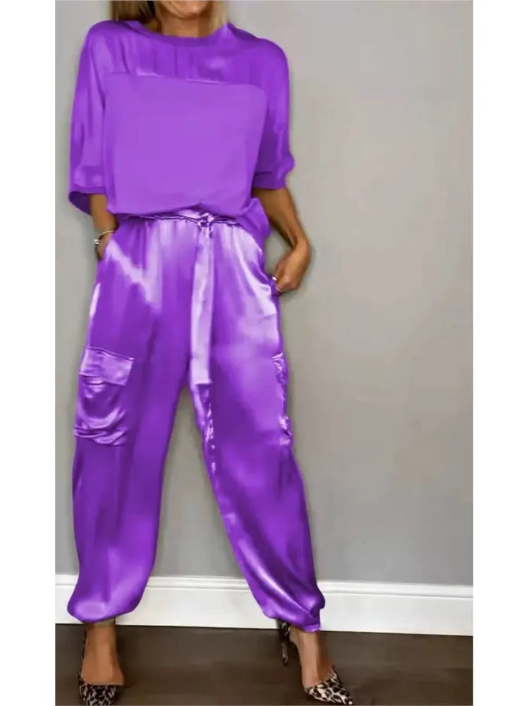Women's Summer Fashion Solid Satin Two Piece Set Women O Neck Long Sleeved Top Long Pants Casual Loose 2 Piece Set Women Clothes