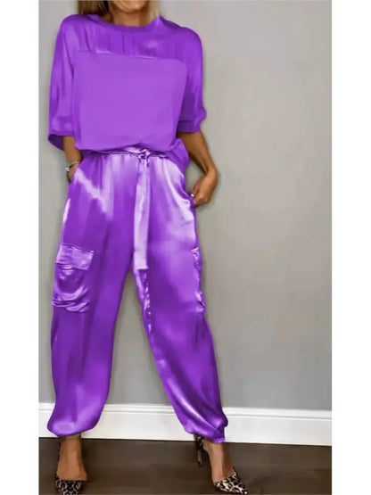 Women's Summer Fashion Solid Satin Two Piece Set Women O Neck Long Sleeved Top Long Pants Casual Loose 2 Piece Set Women Clothes